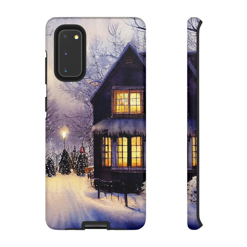 Glowing Homes in the Snow with Christmas Decorations - Impact Resistant Phone Case Samsung Galaxy S20 Matte